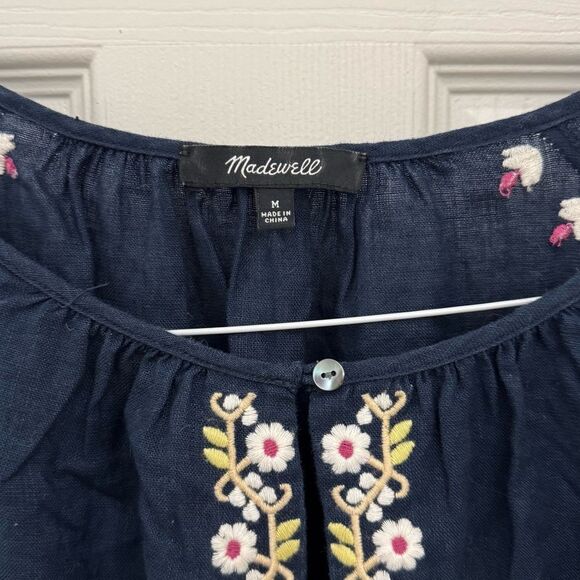 Madewell Embroidered Linen-Blend Raglan Ruffle Mini Dress Size Medium Deep Navy - Picture 4 of 7